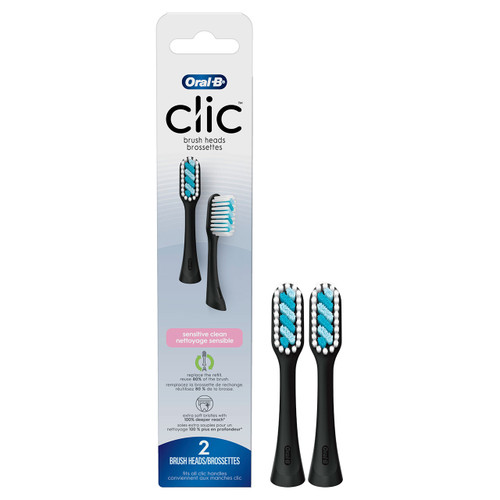 Clic Toothbrush Sensitive Clean Replacement Brush Heads, Black, 2 Count