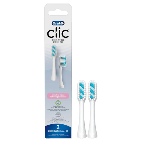 Clic Toothbrush Sensitive Clean Replacement Brush Heads, White, 2 Count