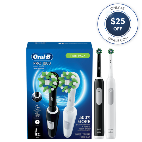 Oral-B Pro 1000 Rechargeable Electric Toothbrush Twin Pack, Black and White